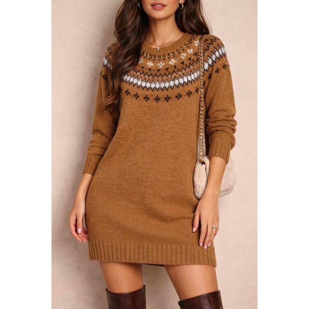 J.Crew Embellished Fair Isle Sweater Dress Camel Brown Lambswool Blend Large